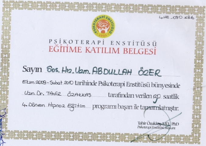 Psikoterapi Enstitüsü Hipnoz Eğitim Belgesi