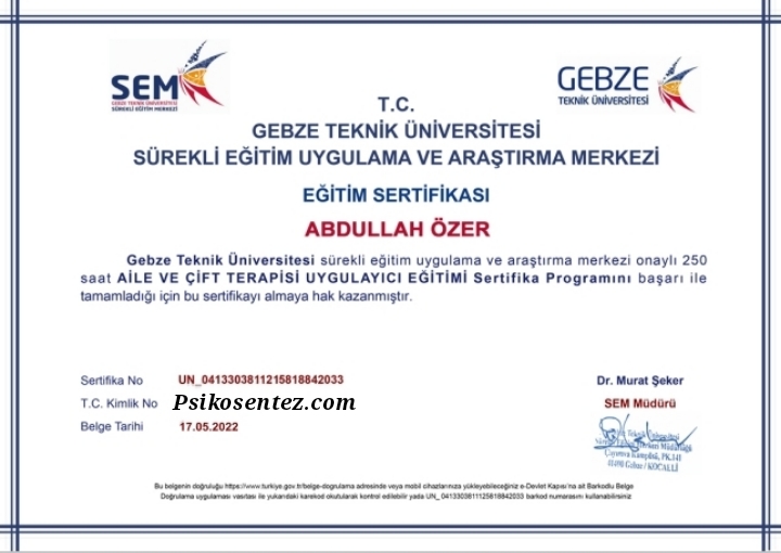 Aile ve Çift Terapisi Uygulayıcı Eğitimi Sertifikası